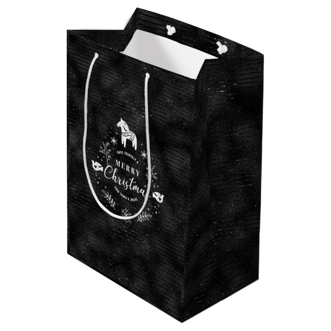 Weihnachts Abzeichen Schwarz und Glitzer Streifen  Mittlere Geschenktüte (Rückseite Schrägansicht)
