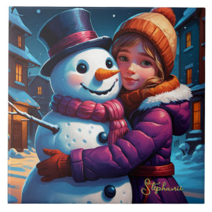 Weihnachts Adorable Girl and Snowman Fliese