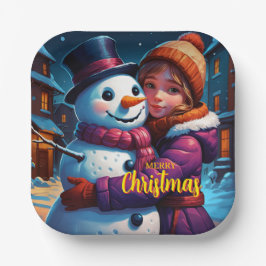 Weihnachts Adorable Girl and Snowman Pappteller