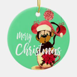Weihnachts-Affen Grün Rot Niedliche Keramik Orname Ornament