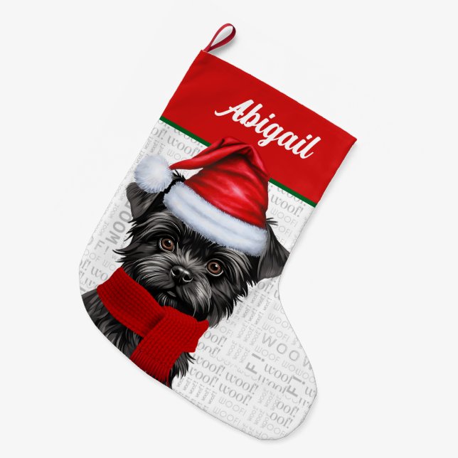 Weihnachts Affenpinscher Hund Name Woof Background Großer Weihnachtsstrumpf (Vorderansicht (hängend))