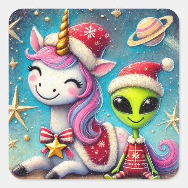 Weihnachts-Alien und Einhorn Quadratischer Aufkleber (Vorderseite)
