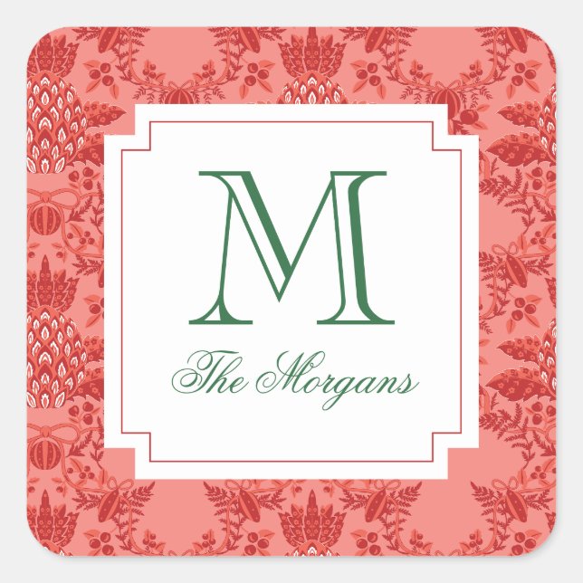 Weihnachts Ananas Ornamente Monogramm Geschenk Quadratischer Aufkleber (Vorderseite)