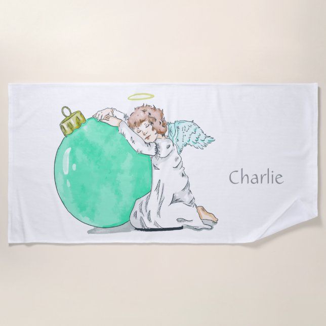 Weihnachts-Angel-individuelle Name Strandtuch (Vorderseite)
