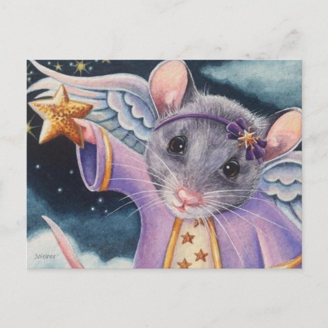 Weihnachts-Angel-Maus Catching Star Watercolor Art Postkarte (Vorderseite)