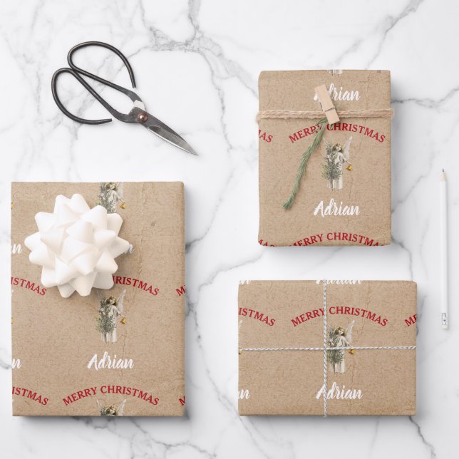 Weihnachts Angel & Tree Individuelle Name Kraft Geschenkpapier Set (Vorderseite)