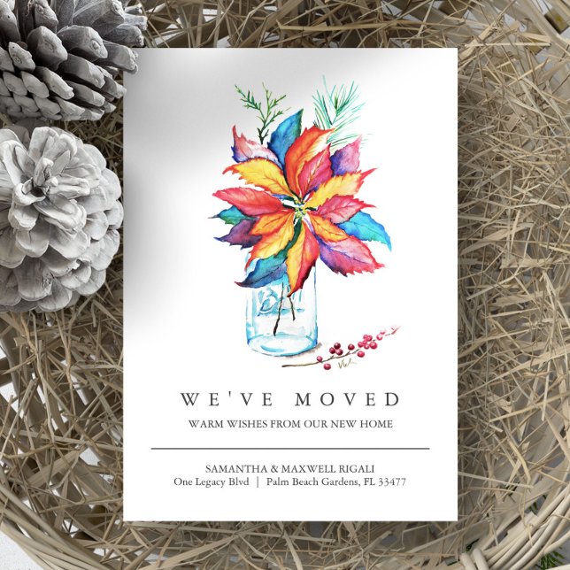 Weihnachts-Ankündigung über neue Adresse (Christmas moving announcement watercolor poinsettia by Victoria Grigaliunas of Do Tell A Belle)