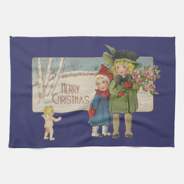 Weihnachts-Antique-KinderIllustration 1920 Geschirrtuch (Horizontal)