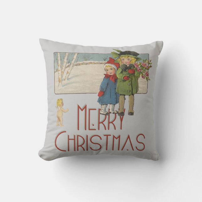 Weihnachts-Antique-KinderIllustration 1920 Kissen (Vorderseite)