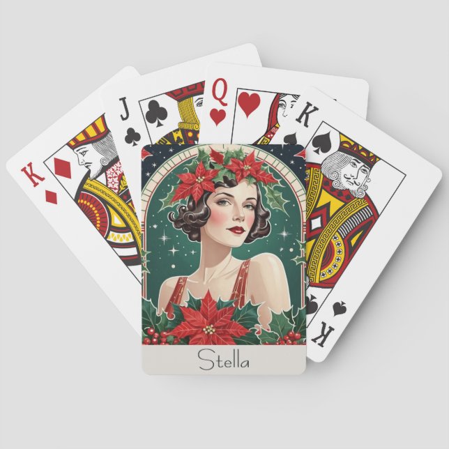 Weihnachts Art Deco Inspiriert Portrait Lady Retro Spielkarten (Rückseite)