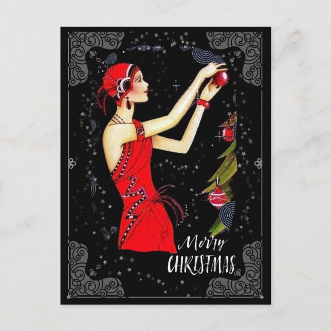 Weihnachts Art Deco Retro Vintage Dame Postkarte (Vorderseite)
