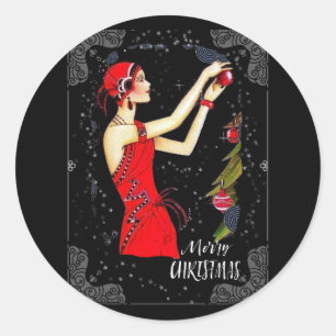 Weihnachts Art Deco Retro Vintage Dame Runder Aufkleber