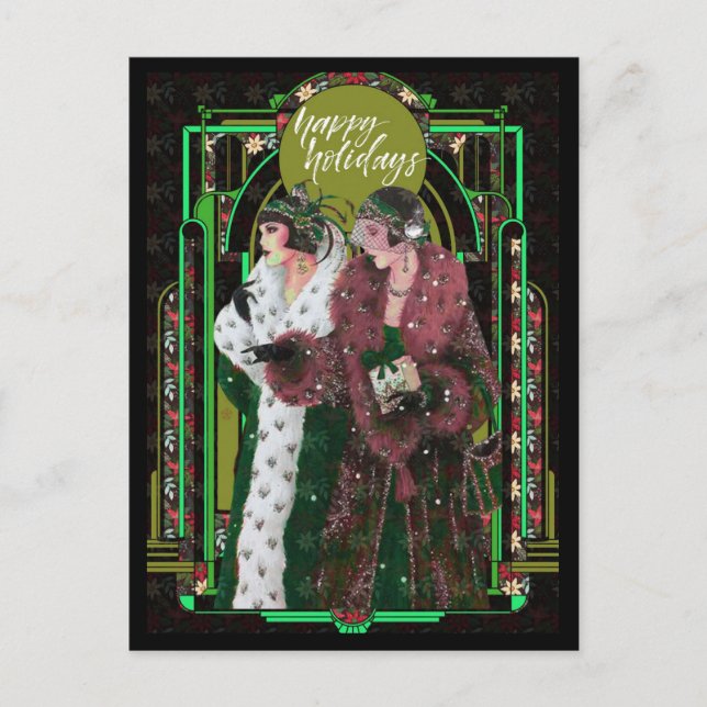 Weihnachts Art Deco Vintag Retro Ladys Postkarte (Vorderseite)