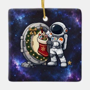 Weihnachts-Astronaut hängt einen Mond-Strumpf Keramikornament