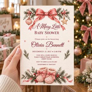 Weihnachts-Baby-Shower mit rosa Schleife Einladung