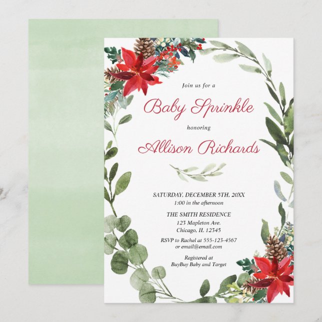 Weihnachts-Baby-Sprinkle roten Poinsettia Grün Einladung (Vorne/Hinten)