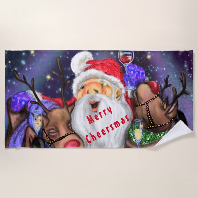Weihnachts-Badetuch Weihnachtsmann und Rentierspas Strandtuch (Vorderseite)