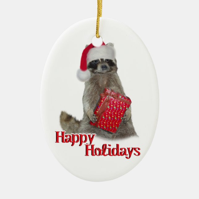 Weihnachts Bandit Raccoon mit Gegenwart Keramikornament (Vorne)