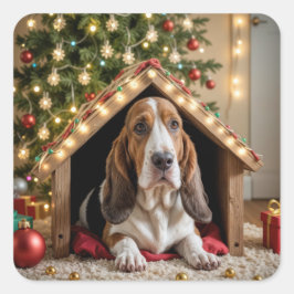 Weihnachts-Baseball in einem Doghouse Quadratischer Aufkleber