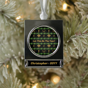 Weihnachts-Baseball-Spieler - Grüner Karo Banner-Ornament Silber