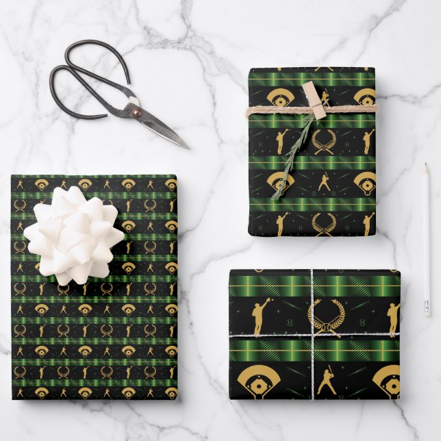 Weihnachts-Baseball-Spieler - Grüner Karo Geschenkpapier Set (Vorderseite)