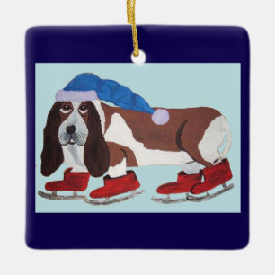 Weihnachts-Basset Hound auf Schlittschuhen Keramikornament