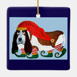 Weihnachts-Basset-Hound-Elf Keramikornament
