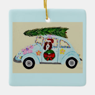 Weihnachts-Basset-Hound in Hippie-Auto  Keramikornament