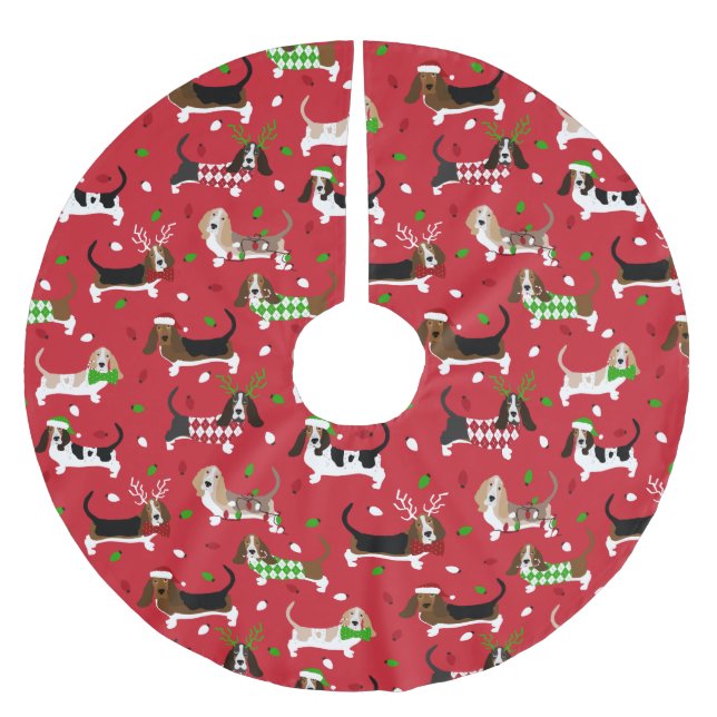 Weihnachts-Basset-Hound Polyester Weihnachtsbaumdecke (Vorderseite)