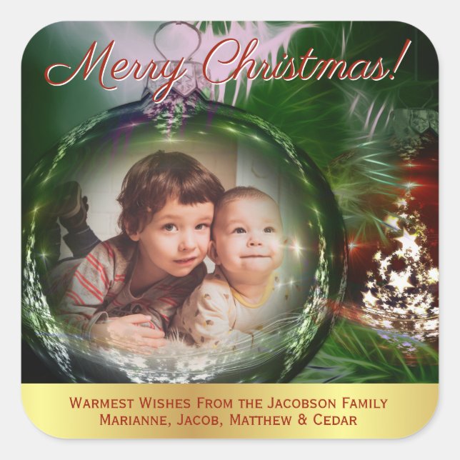 Weihnachts-Bauble-Foto Quadratischer Aufkleber (Vorderseite)