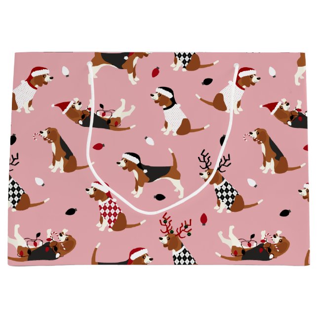 Weihnachts-Beagles rosa Große Geschenktüte (Vorderseite)