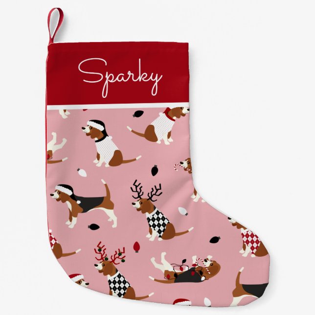 Weihnachts-Beagles rosa Kleiner Weihnachtsstrumpf (Vorderseite)