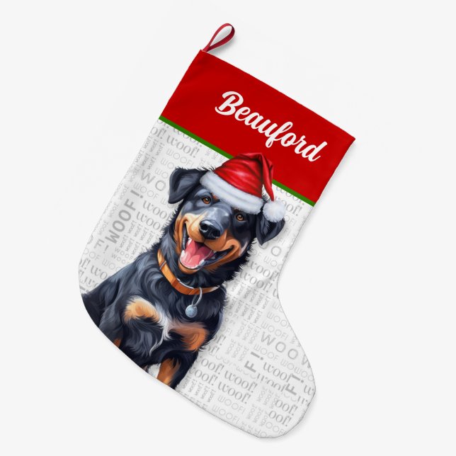 Weihnachts-Beauceron mit dem Namen des Hundes Großer Weihnachtsstrumpf (Vorderansicht (hängend))