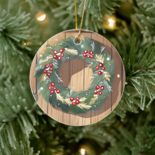 Weihnachts-Beeren-Kranz   Wasserfarbe Rustikal Frö Keramik Ornament