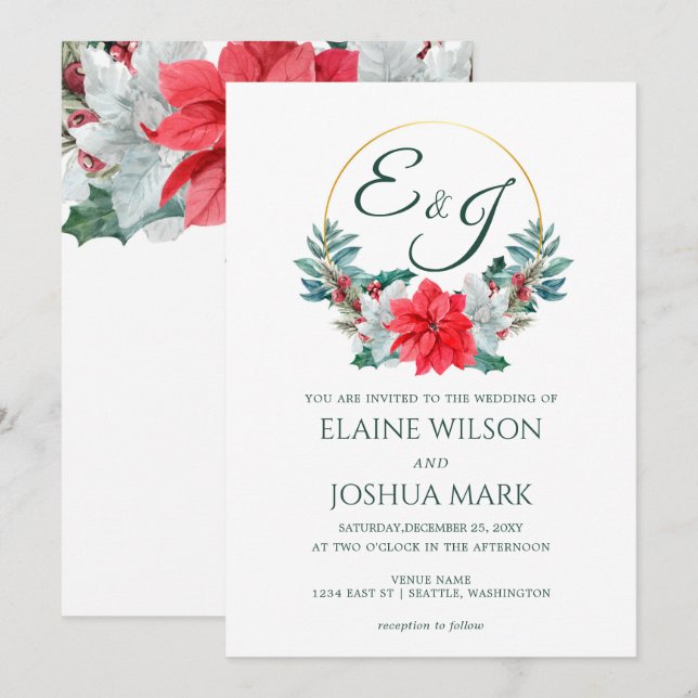 Weihnachts Berry Poinsettia Wreath Monogram Weddin Einladung (Vorne/Hinten)