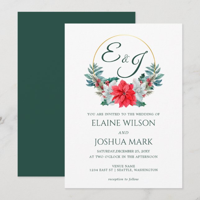 Weihnachts Berry Poinsettia Wreath Monogram Weddin Einladung (Vorne/Hinten)