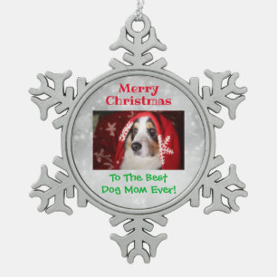 Weihnachts Beste Hündin Mama je Begleiter Foto Schneeflocken Zinn-Ornament