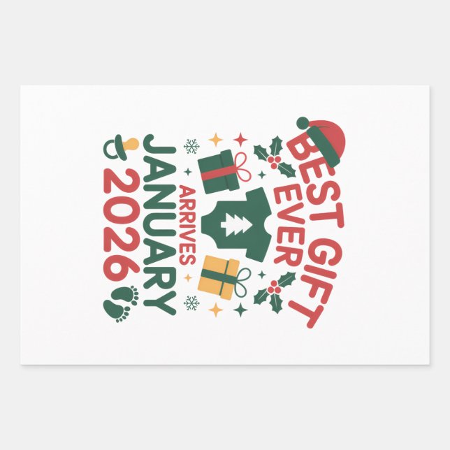 Weihnachts Bestes Geschenk Ankunft Januar 2026 Paa Geschenkpapier Set (Vorderseite)