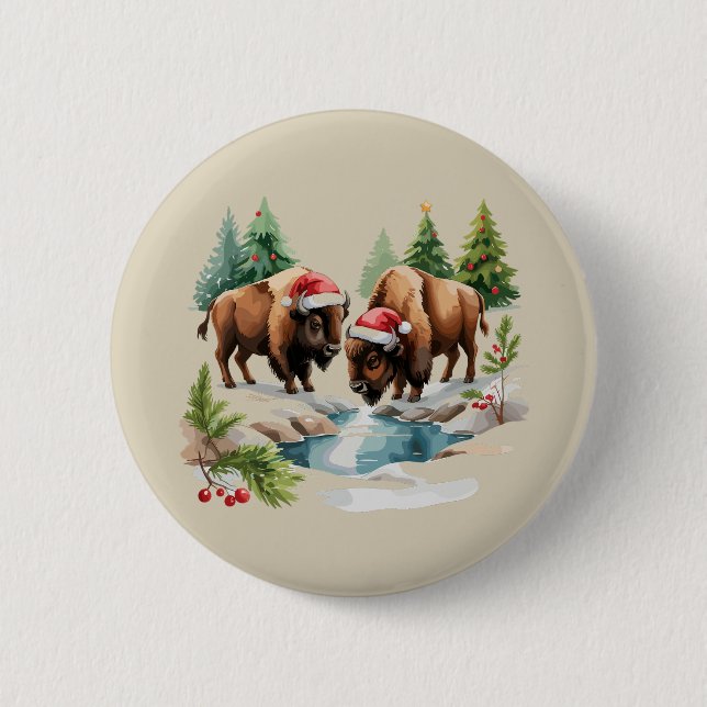 Weihnachts Bison Büffel Tier Western Wildlife Button (Vorderseite)