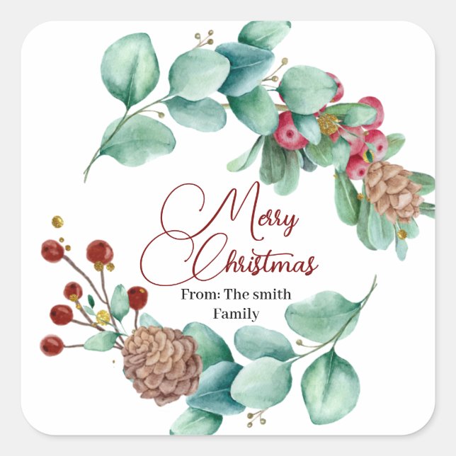 Weihnachts-Blätter und Holi-Kranz mit Pinecone Quadratischer Aufkleber (Vorderseite)