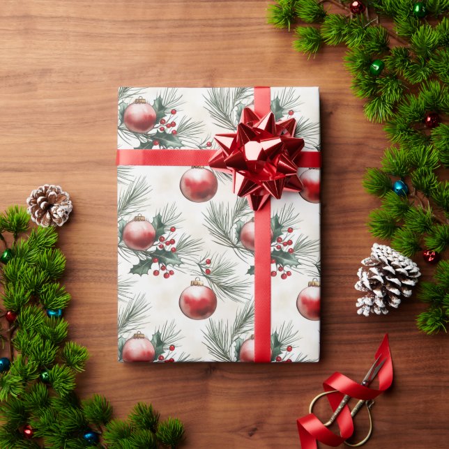 Weihnachts-Blätter und Rote Bälle Geschenkpapier (Feiertagsgeschenk)