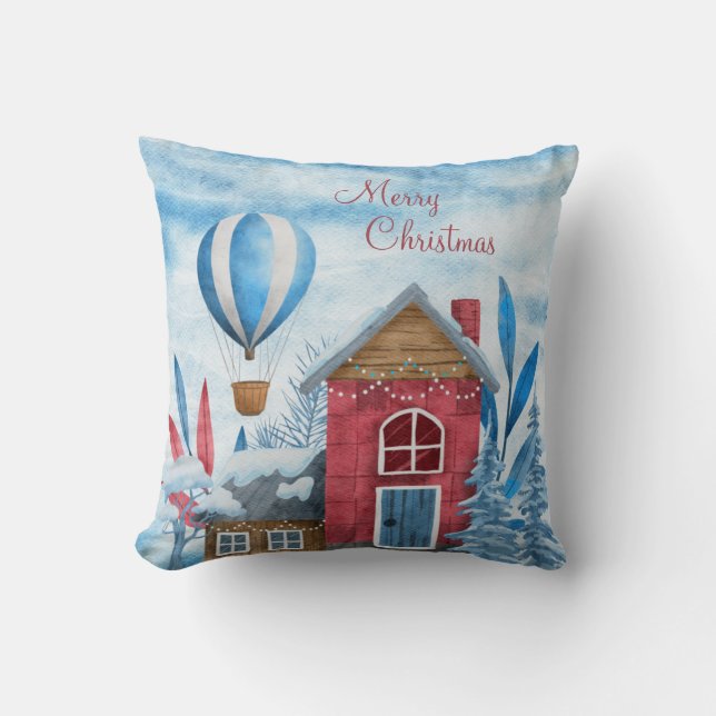 Weihnachts-Blaue und Rote Winter-Dorf & Tiere Kissen (Vorderseite)
