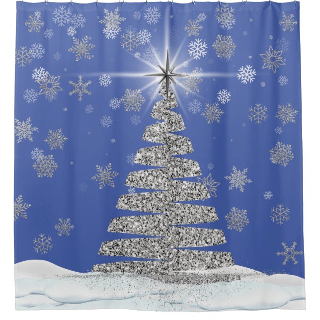 Weihnachts-Bling Silberbaum und Schneeflocken Duschvorhang (Vorderseite)