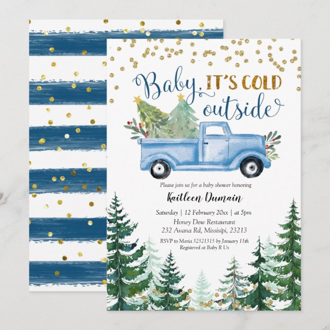 Weihnachts-Blue-Truck Baby Es ist kalt draußen Einladung (Vorne/Hinten)