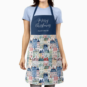 Weihnachts Blue Watercolor farbenfrohe Häuser Urla Schürze