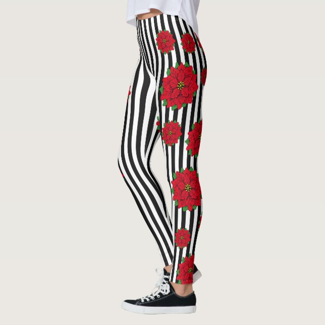 Weihnachts-Blume auf schwarz-weiß gestreift Leggings (Links)