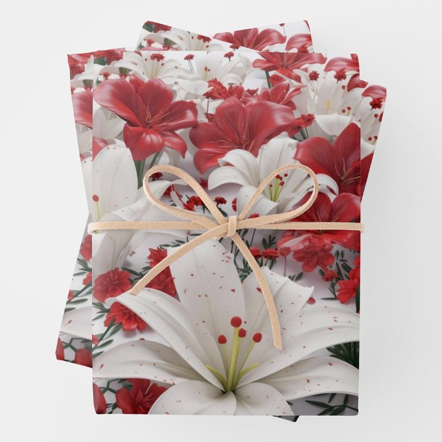 Weihnachts-Blume Geschenkpapier Set (A beautifully arranged bouquet of red and white lilies surrounded by vibrant flowers.  )