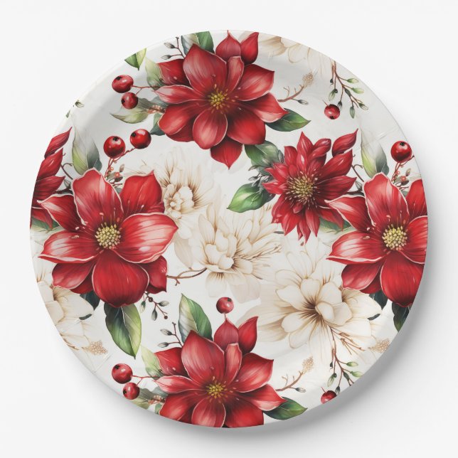 Weihnachts-Blume Poinsettia Rotes Grünes Muster Pappteller (Vorderseite)