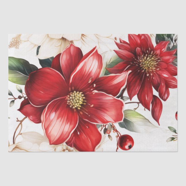 Weihnachts-Blume Poinsettia Rotes Grünes Muster Seidenpapier (Vorderseite)