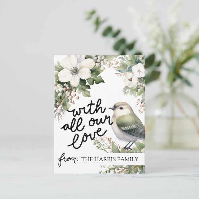 Weihnachts-Blume und Vogel - All unsere Lieben Postkarte (Stehend Vorderseite)